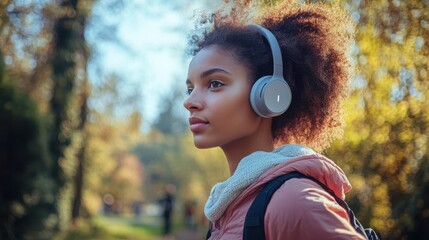 A lifestyle photo of a person wearing stylish headphones while jogging in a park, focusing on comfort and wireless capabilities.