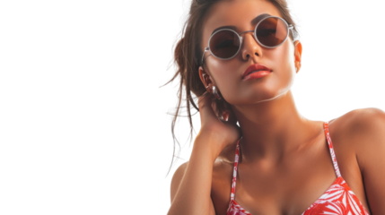 Fashion model posing with sunglasses and red bikini on transparent background
