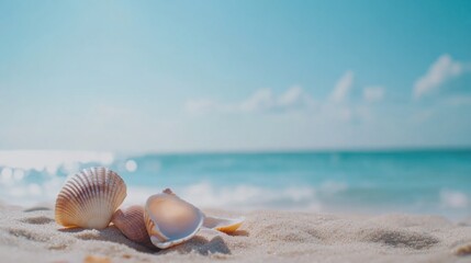 Beautiful seashells scattered on a sandy beach under a clear blue sky near the ocean