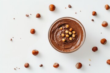 A bowl of creamy chocolate spread surrounded by scattered hazelnuts on a white background, top view.