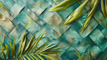Woven texture with green leaves creates tropical vibe