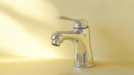 Modern faucet with sleek design positioned on smooth surface against yellow backdrop