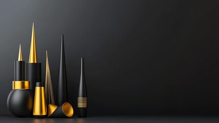 Elegant 3D black and gold geometric structures with polished surfaces, highend luxury