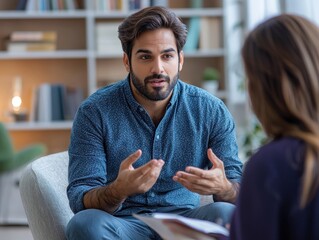 Male Indian therapist explaining coping strategies to a client, elegant clinic setup, mental health discussion, soothing background elements, eye contact, hands gesturing