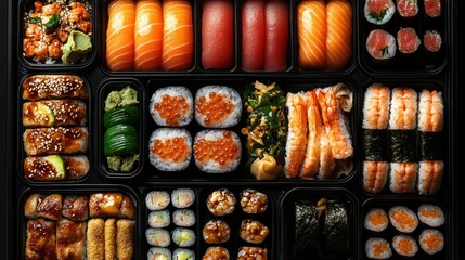 Assorted sushi platter in black takeout containers.  Various sushi rolls and nigiri pieces