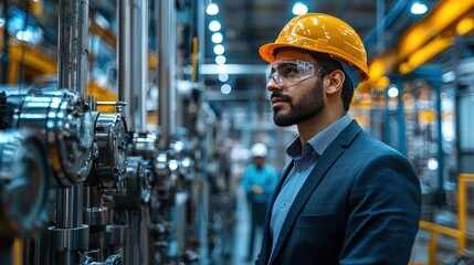 Indian business leader in a manufacturing facility, wearing a safety helmet, discussing production strategies with engineers, industrial machinery in background, leadership presence