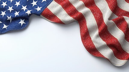Fototapeta premium A hyper-realistic American flag in motion, gently waving against a crisp white background. The textured fabric reveals detailed stitching and folds, with vibrant red, white, and blue colors. 