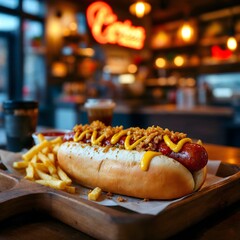 Delicious Grilled Hot Dog with Mustard, Ketchup, and Crispy Fries