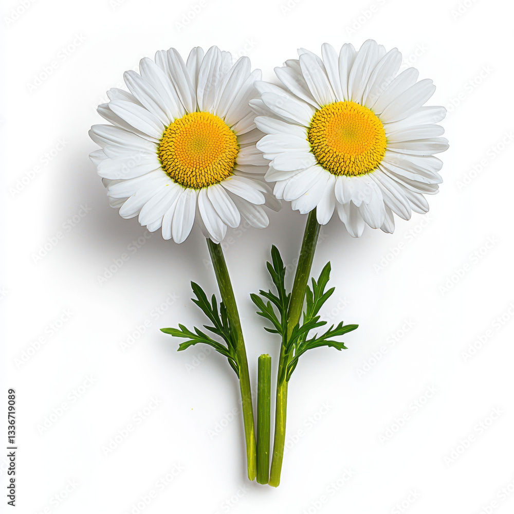 Poster a pair of delicate daisies blooming in a lush meadow surrounded by soft green grass with expansive c