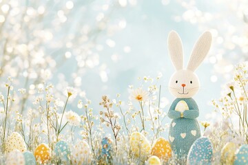 Fototapeta premium A cute Easter bunny surrounded by colorful eggs and spring flowers, with pastel colors, a detailed illustration