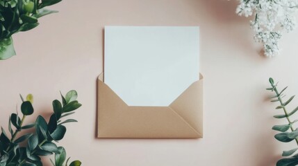 Elegant envelope with blank letter nestled among green foliage for creative correspondence ideas