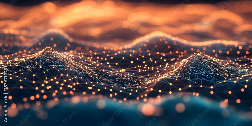 Poster abstract digital landscape with glowing network connections and dots