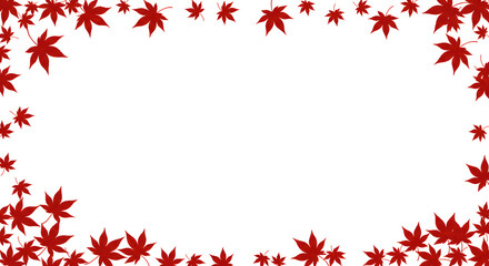 Frame of red maple leaves scattered around the edges on a white background creating a border effect