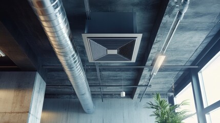 Naklejka premium Modern office interior with exposed ductwork and contemporary air vents in a spacious environment