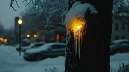 Icy Tree Lights, Snowy Night, Suburb