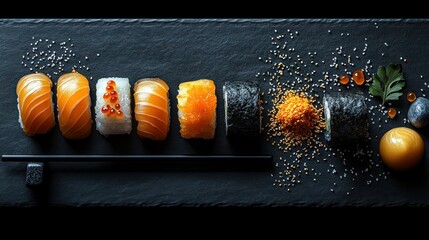 Assorted sushi platter on dark slate