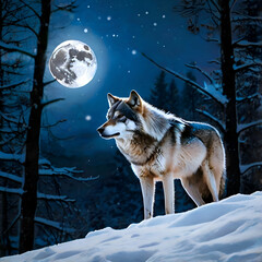 Mystical Wolf with Glowing Blue Fur Howling at a Radiant Crescent Moon in a Snowy Forest