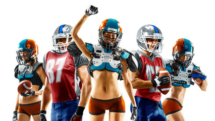 Professional american football players male and female posing together isolated on the white...