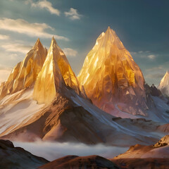 Surreal Landscape with Glowing Glass Mountains Reflecting a Golden, Dreamlike Sky
