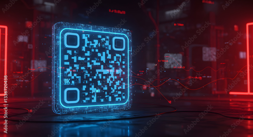Wall mural glowing qr code with neon blue light on a futuristic dark background with red data lines and shapes