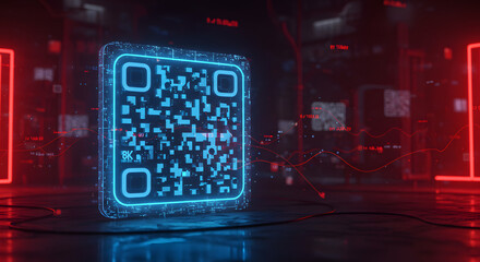 Glowing qr code with neon blue light on a futuristic dark background with red data lines and shapes