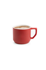 Stylish red coffee mug with coffee on a white background