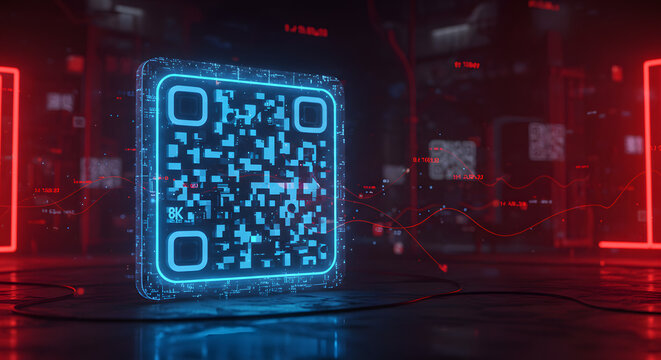 Glowing qr code with neon blue light on a futuristic dark background with red data lines and shapes
