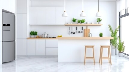 Modern Minimalist Kitchen Interior Design White Cabinets Island and Marble Floor