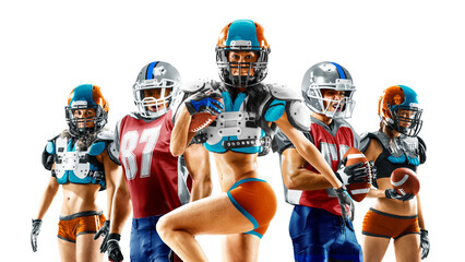 Professional american football players male and female posing together isolated on the white...