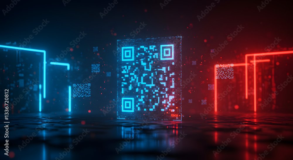 Wall mural glowing qr codes in a futuristic setting with neon lights and reflective surface creating a modern l