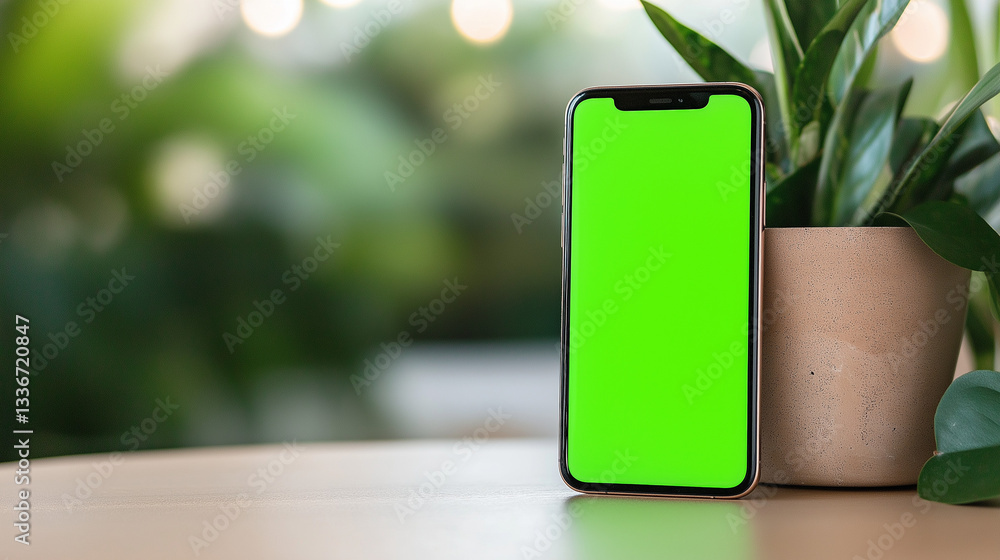 Poster smartphone with a green screen displayed on a table with a plant in the background. ai generated ima