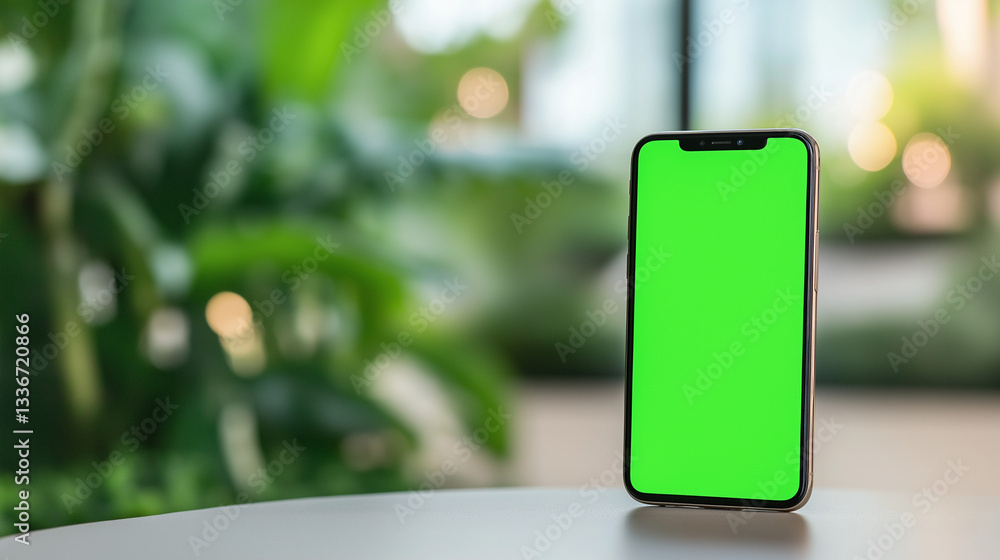 Poster smartphone with a green screen displayed on a table with a plant in the background. ai generated ima