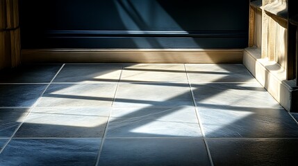 Sunbeams on tiled floor, interior hallway