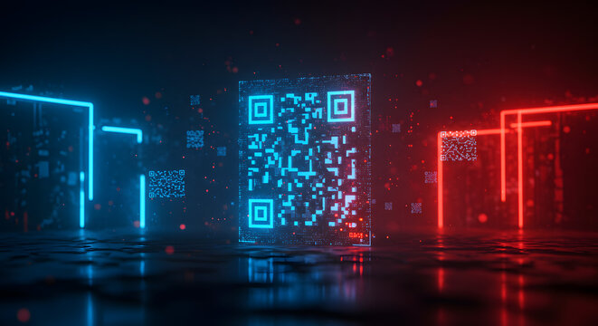 Glowing qr codes in a futuristic setting with neon lights and reflective surface creating a modern look - Powered by Adobe