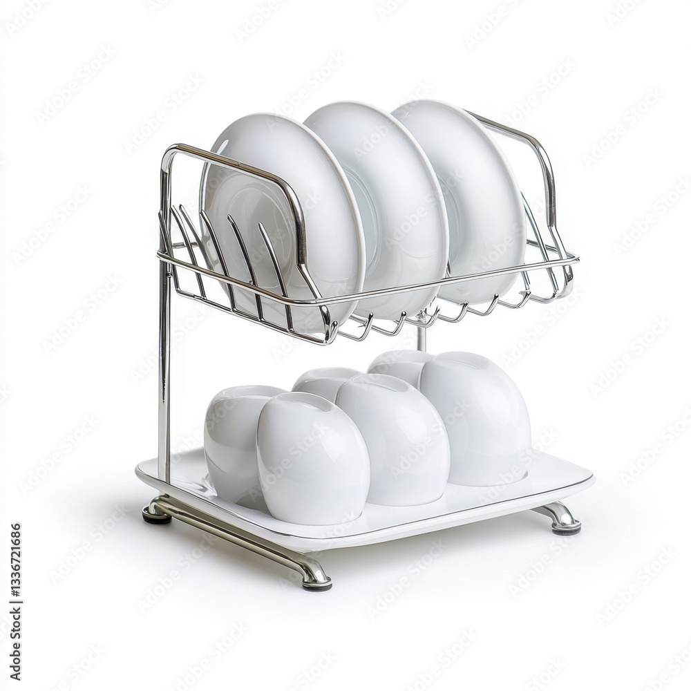 Poster functional dish drying rack with an array of plates neatly organized, showcasing a practical solutio