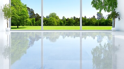 Modern Interior Design Polished Floor Reflecting Lush Green Landscape Through Large Windows