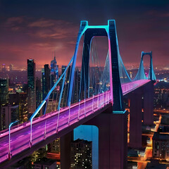 Futuristic Bridge Glowing with Neon Lights and Energy Fields Spanning a Massive Urban Canyon