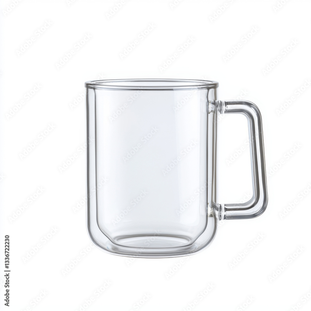 Poster Simple and stylish glass mug showcasing a clear design ideal for beverages with ample copy space for text and creative elements set against a crisp white background for clean presentation
