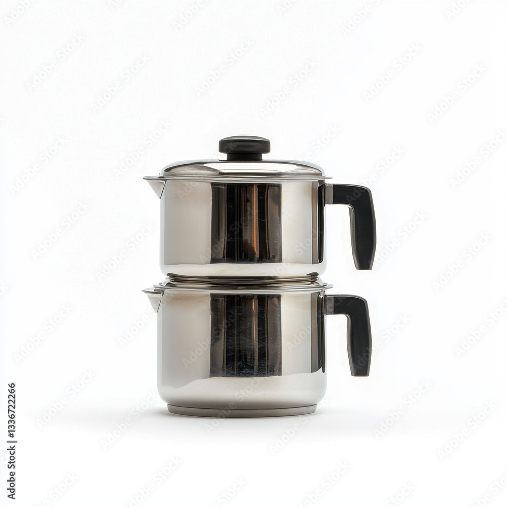 Poster two pots positioned on a bright white background displaying a double boiler design ideal for cooking