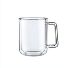 Simple and stylish glass mug showcasing a clear design ideal for beverages with ample copy space for text and creative elements set against a crisp white background for clean presentation