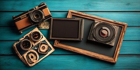 Vintage cameras & viewer on wood