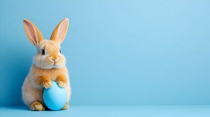 Obraz premium Easter bunny rabbit with blue painted egg on blue background. Easter holiday concept