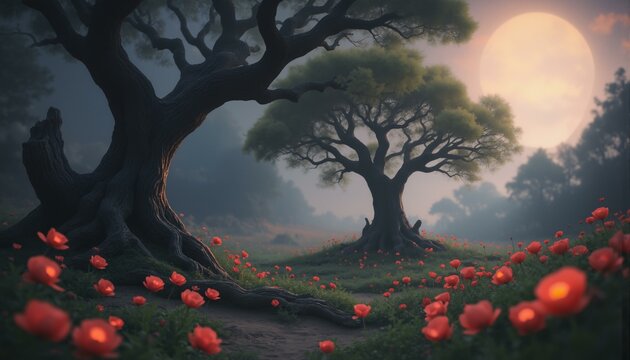 Ancient trees, triangular leaves, hexagonal poppies, intricate circlets, mystical forest, soft luminescent light, whispers of magic, ethereal atmosphere, twilight sky