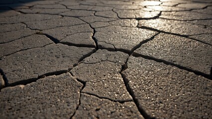 Cracked earth surface highlighting drought and soil erosion effects in a dry landscape.
