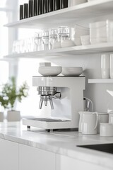 Modern kitchen interior with a white espresso machine, open shelves, and minimalist design. Coffee brewing and home appliance concept. High quality photo