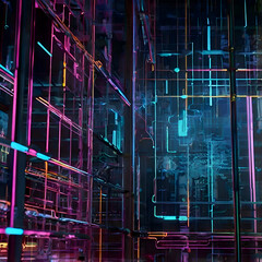 Abstract Concept of Glowing Data Streams Flowing Through a Vibrant Cybernetic Grid