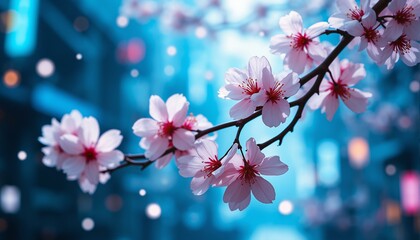 Cherry blossoms, delicate petals, intricate patterns, blue background, iridescent white hues, quiet beauty, dawn, futuristic Tokyo alleyway