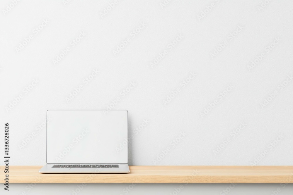 Poster minimalistic workspace with a blank laptop on a wooden shelf, ideal for showcasing productivity and 