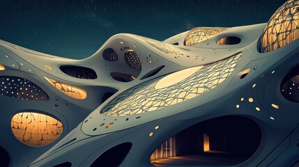 Futuristic organic architecture at night