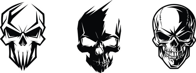 A set of scary human skulls suitable for t-shirts, bags, mugs, posters, and other graphics resources.